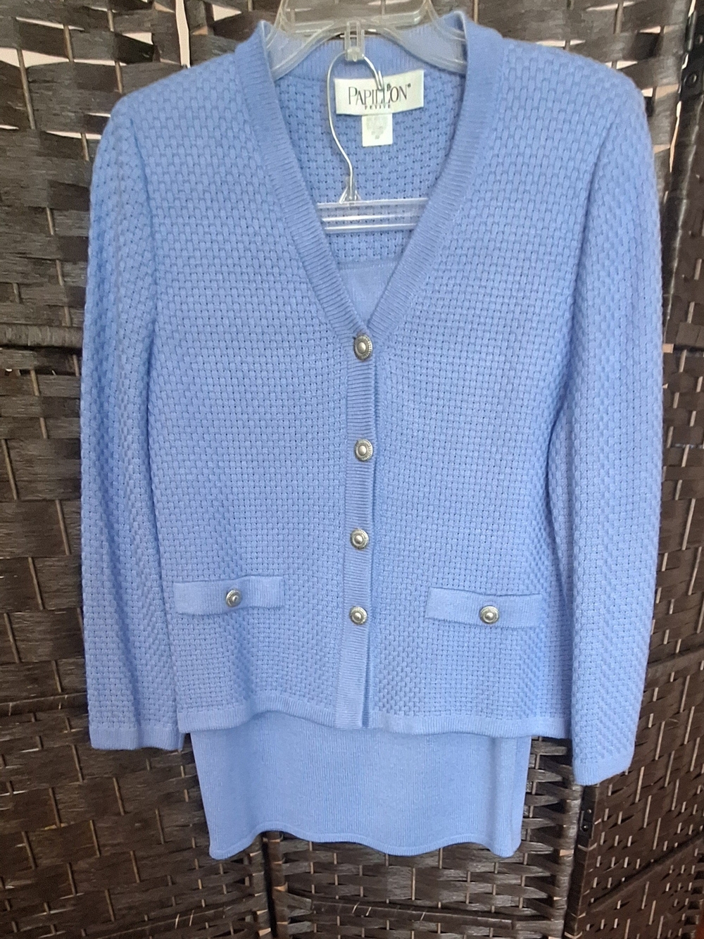 Knit Cardigan & Skirt Suit Light Blue By Papillon.   Read Description.